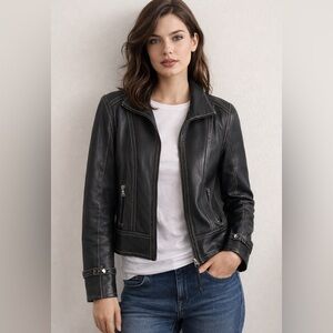 Marc New York Black vintage Leather Moto Jacket Contrast Stitching size small